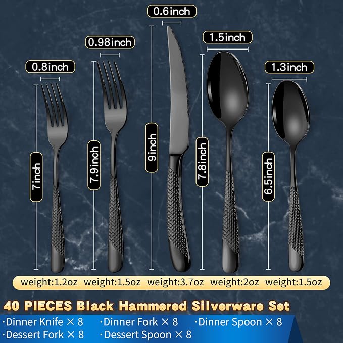 Lemeya 40-Piece Hammered Black Silverware Set for 8,18/10 Stainless Steel Flatware Set with Serrated Forged Knives,Heavy Duty Cutlery Set for Home & Party Restaurant,Mirror Polished, Dishwasher Safe
