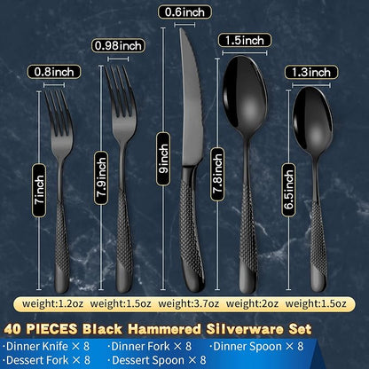 Lemeya 40-Piece Hammered Black Silverware Set for 8,18/10 Stainless Steel Flatware Set with Serrated Forged Knives,Heavy Duty Cutlery Set for Home & Party Restaurant,Mirror Polished, Dishwasher Safe