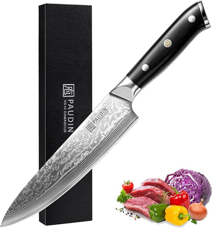 PAUDIN Damascus Chef Knife, 8 Inch Kitchen Knife, 67 Layers Damascus Steel Knife Japanese VG10 Core, Non-slip Ultra Sharp Chefs Knife with Ergonomic G10 Handle