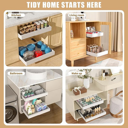 Pull Out Cabinet Organizer, Width Expandable (11.7"-19.7") Heavy Duty Slide Out Drawers Fixed with Adhesive Nano Film for Pots, Roll Out Shelf Storage For Kitchen,Pantry,Garage,Bathroom Storage