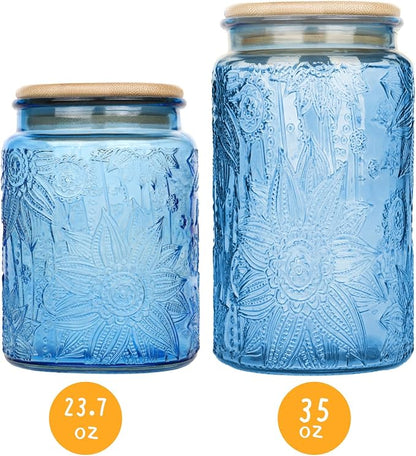 Custde Glass Storage Jars With Airtight Lid, 35oz Canister For Kitchen Counter with Bamboo Lid, brown sugar, candy, coffee, cookie, salt, tea,pantry cute Jar (Blue, 35 fl oz)