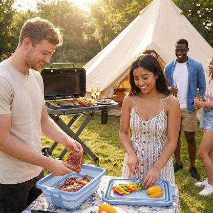 Feasto Collapsible BBQ Prep Tubs with Cutting Board, 9-IN-1, 2 Tubs Portable Grill Prep Station with Side Brackets, Lids, Knives, Meat Claws and Drain Rack, Space-Saving for Kitchen & Camping, Blue