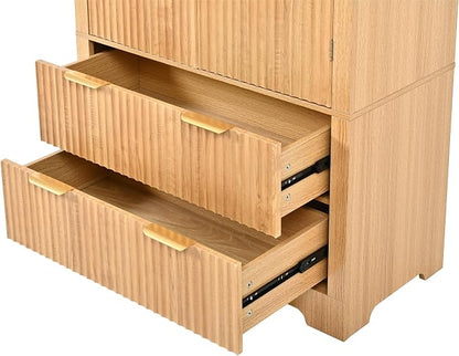 72" Tall Arched Kitchen Pantry Cabinet with 2 Drawers, Mid Century Modern Fluted Storage Cabinet with 8 Adjustable Door Shelves, Wooden Cupboard Organizer for Kitchens, Living Room (Natural-6.3)