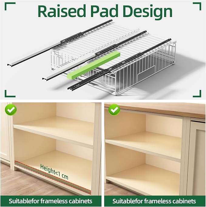 NETEL 2 Pack Expandable Pull Out Cabinet Organizer, Raised 6.69" guardrail, Adjustable Width 13"-20.07", 3 Rails No Drill Adhesive Peel And Stick, Adhesive Pull Out Drawers for Cabinets, White