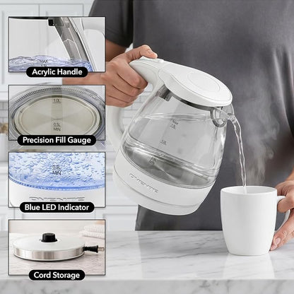 OVENTE Electric Kettle, 1.5L Borosilicate Glass Countertop Water Heater and Boiler for Coffee or Tea, BPA-Free, Auto Shut-Off, Boil-Dry Protection, Removable and Washable Spout Filter, White KG83W