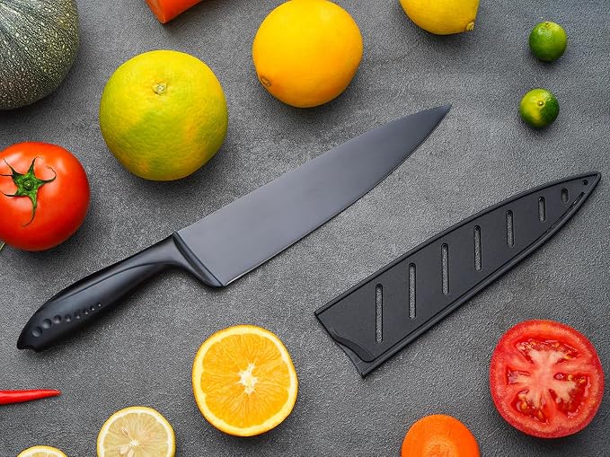 WELLSTAR Chef Knife with Sheath, Sharp Kitchen Knife 8 inch Black Cooking Knives with German HC Steel