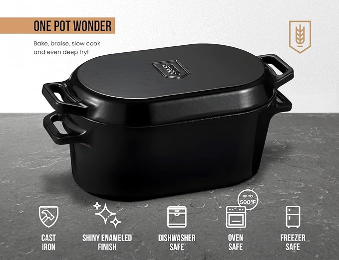 Kook Dutch Oven, For Sourdough Baking, Dual Handles, Enameled Cast Iron, includes Silicone Mat and Sourdough Guide, Dishwasher Safe, Oven safe 500F, 5 Qt, (Black)