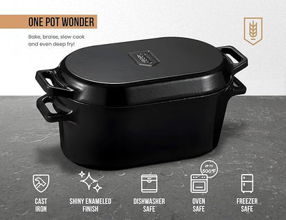 Kook Dutch Oven, For Sourdough Baking, Dual Handles, Enameled Cast Iron, includes Silicone Mat and Sourdough Guide, Dishwasher Safe, Oven safe 500F, 5 Qt, (Black)