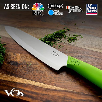 Vos Ceramic Chef Knife 8 Inch with Protective Cover – Zirconia Ceramic Blade for Food Preparation – Lightweight Kitchen Knife (Green)