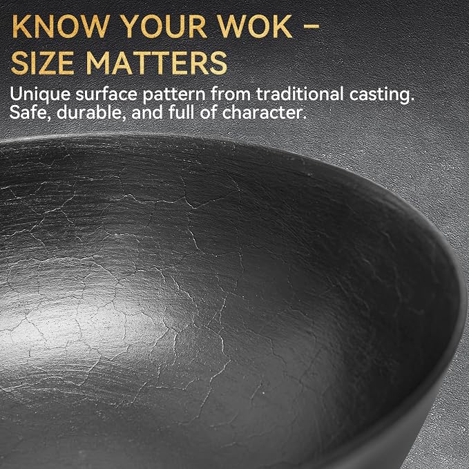 WANGYUANJI Cast Iron Wok Pan with Lid, 10.2 Inch Small Flat Bottom Stir Fry Skillet, Uncoated Traditional Chinese Iron Pot for 1-2 People, Compatible with Induction & Gas Stoves