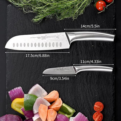 Santoku Knife and Fruit Knife Damascus Pattern Kitchen knives Set Stainless Steel Japanese Chef Knife Paring knives with Hollow Handle