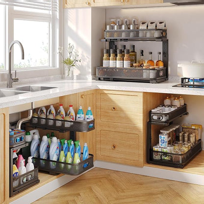 2 Pack 19.3IN-Depth Under Sink Organizer with Smooth Cylindrical Rail,2-Tier Pull Out Multi-Purpose Cabinet Storage for Bathroom&Kitchen,Height Adjustable,Rust-Resistant Coating-Black