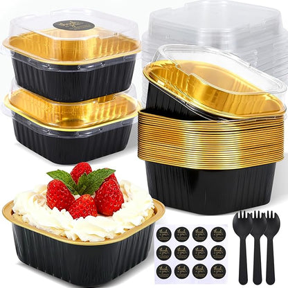 100 Pack 10oz Mini Cake Pans With Lids, Aluminum Foil Square Brownie Baking Cups,Disposable 4”x4” Large Cupcake Pan,Jumbo Muffin Tin Ramekins Holders-Black in Gold