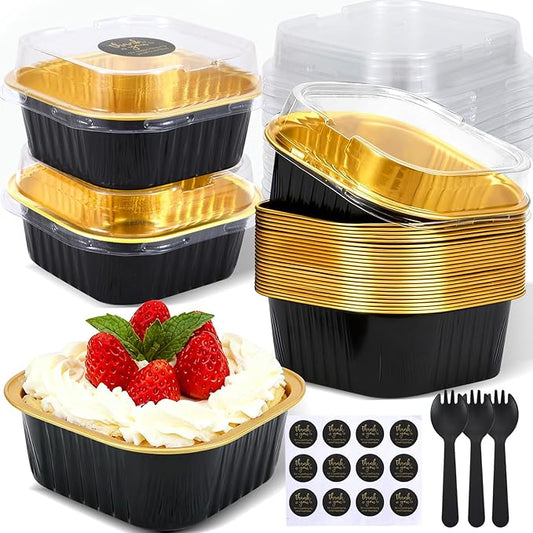 50 Pack 10oz Mini Cake Pans With Lids, Aluminum Foil Square Brownie Baking Cups,Disposable 4”x4” Large Cupcake Pan,Jumbo Muffin Tin Ramekins Holders-Black in Gold