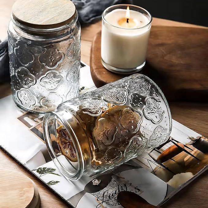 Custde Glass Storage Jars With Airtight Lid, 23.7oz Canister For Kitchen Counter with Bamboo Lid, brown sugar, candy, coffee, cookie, salt, tea,pantry cute Jar (Begonia Flowers*1)