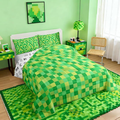 Manfei Pixelated Grid Kids Comforter Toddler Size,Miners Lattice Games Quilt Set for Kids Boys Girls Bedroom Decor,Geometric Square Blocks Bedding Set,Green Duvet Insert,1 Pillowcase
