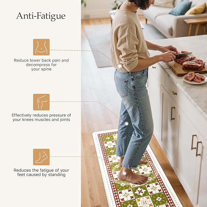 GENIMO Anti Fatigue Kitchen Mats for Floor, Cushioned Non Slip Kitchen Rug, Waterproof Kitchen Floor Mat Runner, Kitchen Mat for Laundry, Sink, Office, Entryway, 20"x48"+20"x32", Green