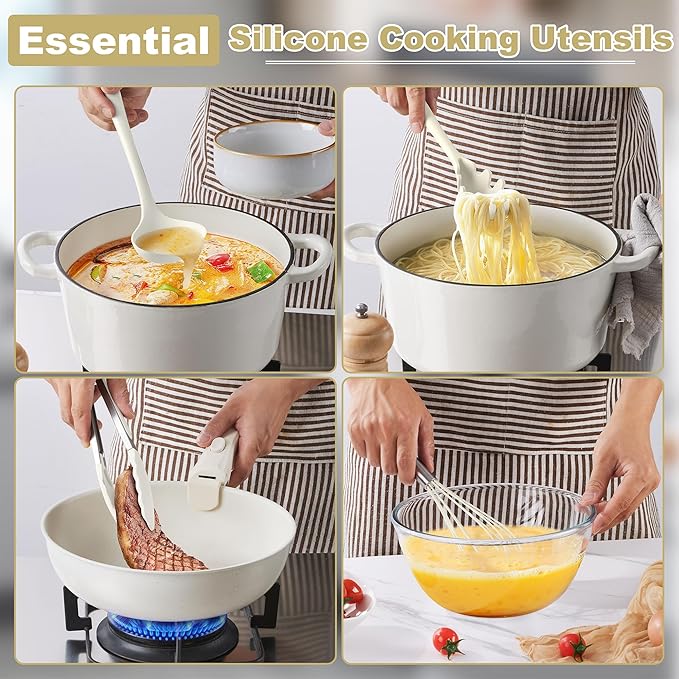 LIANYU 14 Pcs Kitchen Utensils Set with Holder, Silicone Cooking Utensils Spatula Set, Heat Resistant Cookware Tools Includes Spoon Turner Whisk Tong, Dishwasher safe, Cream White