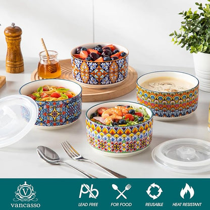vancasso 36 oz Ceramic Bowls with Lids Set of 4, 6 Inch Food Storage Containers & Prep Bowls for Leftovers, Soup, Cereal, Meal Prep, Office Lunch, Microwave & Dishwasher Safe, Series SIMI