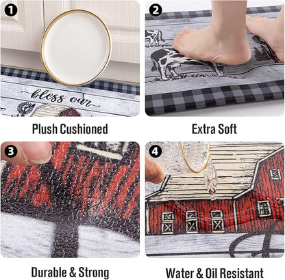 Carvapet Kitchen Floor Mats 2Pcs, Anti Fatigue Kitchen Rugs and Mats Farmhouse Plaid Farmhouse Non-Skid Cushioned Floor Comfort Mat for Kitchen, Doorway, Sink, Laundry, 17"x27"+17"x47"