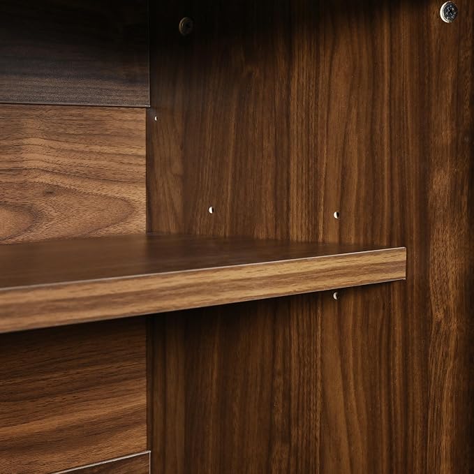 72" Tall Arched Kitchen Pantry Cabinet with 2 Drawers, Mid Century Modern Fluted Storage Cabinet with 8 Adjustable Door Shelves, Wooden Cupboard Organizer for Kitchens, Living Room (Walnut-6.3)