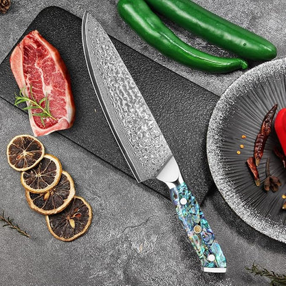 Home Safety Japanese Damascus Knife, Chef's Knife with Sharp 20cm Blade Made of 67 Layers of VG-10 Damascus Steel Kitchen Knife Damascus Carving Knife, Abalone Shell Handle, Gift Box