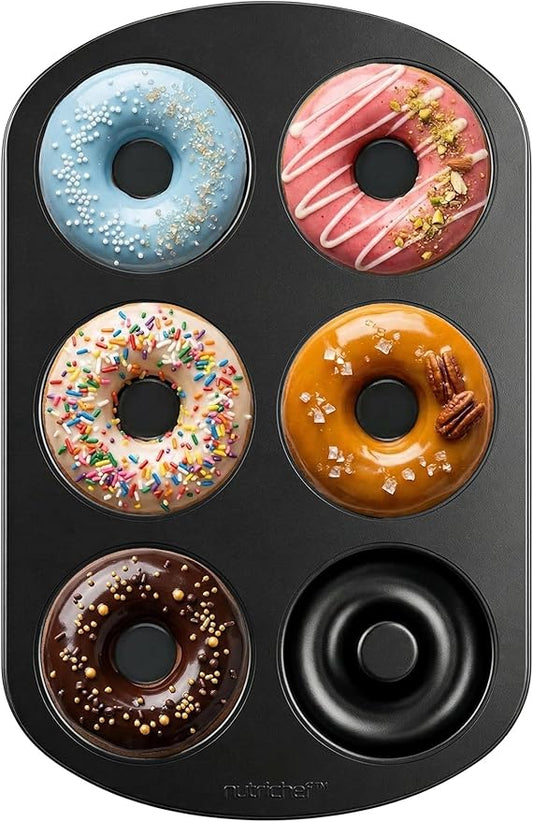 NutriChef Donut Mold | Nonstick Carbon Steel Donut Pan for Baking | 6-Cavity Tray with Bagel Mold Design | Oven Safe up to 450°F | Stainless Steel 12.5 x 8.5 Inch Bakeware | Black