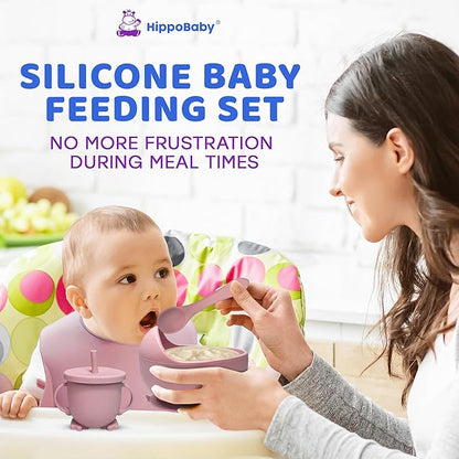 HippoBaby Baby Led Weaning Supplies |10 Piece Silicone Baby Feeding Set, Baby Toddler Bib Cup Divided Plate and Bowl Self Feeding Spoons Dish Set | Baby Utensils,Toddler Feeding Supplies (Rose Quartz)