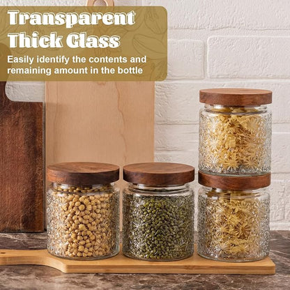 Suclain 6 Pcs 17 OZ Vintage Glass Jar with Acacia Wood Lids Airtight Glass Storage Canisters Kitchen Spice Jars Food Storage Containers for Pantry Coffee Grains Tea Sugar Flour(Stars)