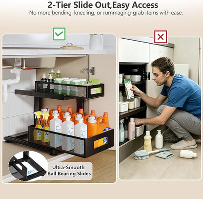 2 Pack Under Sink Organizer with Next-Gen Ball-Bearing Slides,2-Tier Pull Out Cabinet Storage,Height Adjustable Drawer Shelf for Bathroom,Kitchen,Laundry,Cabinet,Pantry(Patent Pending)