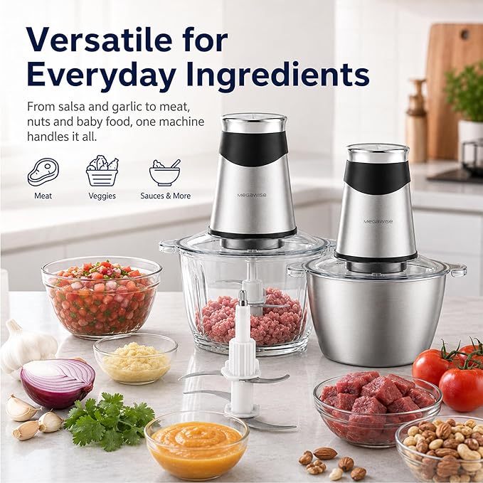 MEGAWISE Electric Food Chopper 800W, Dual-Speed Meat Grinder with1.2L 304# Stainless Steel Bowl & 2.2L Glass Bowl, BPA-Free Food Processor for Meat, Vegetables, and Nuts