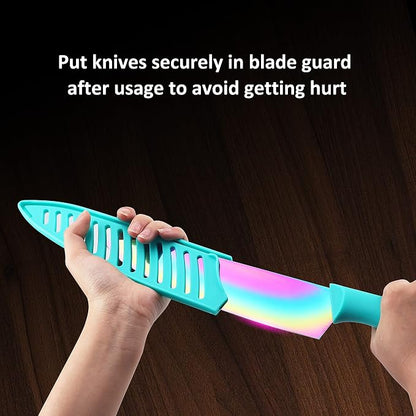 Knife Set with Spoons, KYA37B Knife Sets with Blade Guards and Measuring Spoons, Marco Almond® Rainbow Color 17-Piece Stainless Steel Kitchen Knives Set with Covers