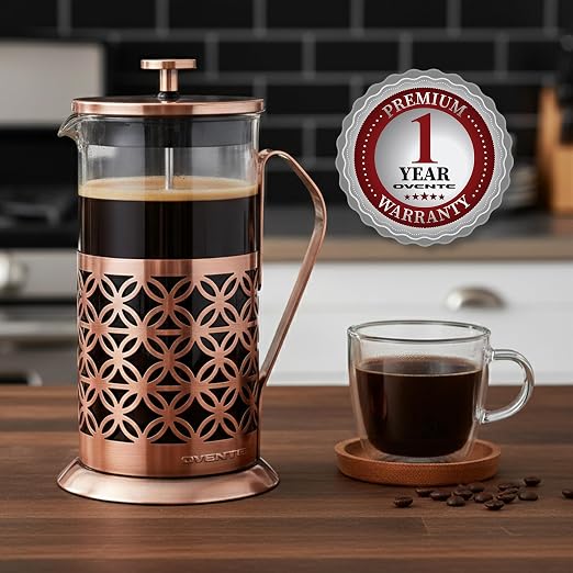 OVENTE French Press Coffee Maker 34 Ounce with Heat Resistant Borosilicate Glass, Stainless Steel Design and 4-Level Filter System, Portable Cold Brewer Pot for Travel, Camping or Gift, Copper FSF34C