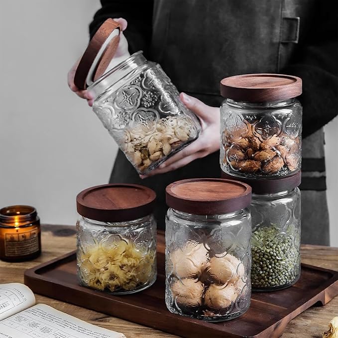 Custde Glass Storage Jars With Airtight Lid, 35oz Container For Kitchen Counter with Wooden Lid, brown sugar, candy, coffee, cookie, salt, tea, cute Jar (35oz Large Sunflower)