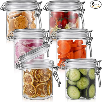 Suclain 6 Pcs 17 Oz/500ml Plastic Storage Jars with Airtight Hinged Lids, Clear Wide Round Mouth Food Storage Containers Empty Bottles Sealed Jars for Home Kitchen Candy Herbs Spices Coffee Nuts