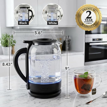 OVENTE Electric Kettle with 1.5L Borosilicate Glass, 1500W Fast Boiling Water Heater for Coffee or Tea, Easy to Fill Lid, Auto Shut-Off, Boil-Dry Protection & Stainless Steel Filter, Black KG516B
