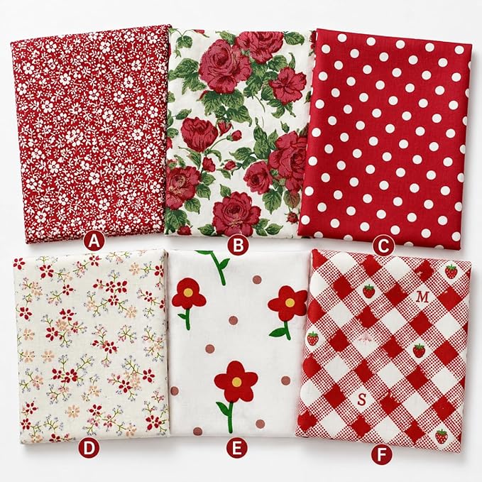 DMFR Red Floral Fabric Squares 5x5 Inch, 42 Pcs 100% Cotton Charm Packs for Quilting, Red and White Precut Quilt Squares for Patchwork, Sewing, Doll Clothes, Scrapbooking and DIY Crafts