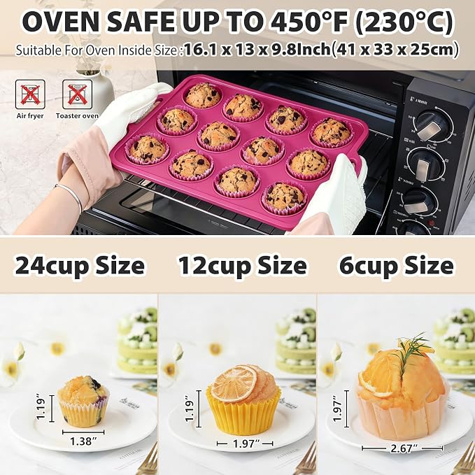 Silicone Muffin Pan for Baking: Non Stick Regular 12 Cup and Mini 24 Cup Muffin Pan Set with Metal Frame - BPA Free 2Pcs Silicone Small Cupcake Tin Tray Egg Bites Mold - for Oven Home Bakers