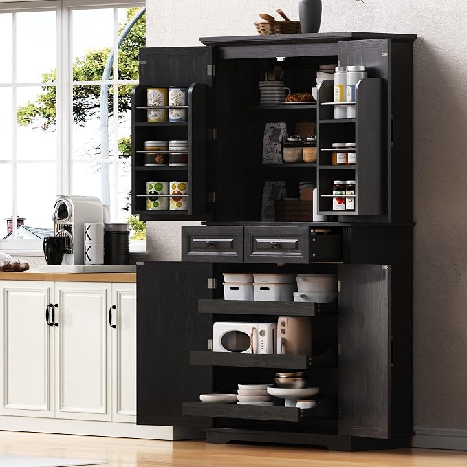 71.2" Tall Kitchen Pantry Cabinet with 3 Pull Out Cabinets Organizer, Farmhouse Embossed Texture Storage Cabinet with 6 Door Shelves, 2 Drawers, Black Freestanding Cupboard for Kitchen, Dining Room