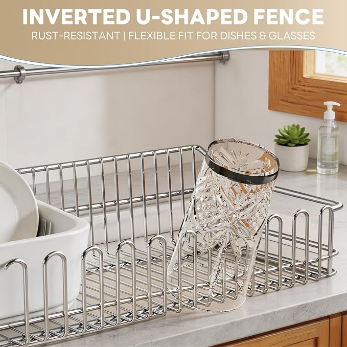 Dish Drying Rack in Sink, Extendable 304 Stainless Steel Dish Drainer for Kitchen Counter, Over The Sink with Utensil Holder, Corrosion Resistant Space Saving Drainage Basket