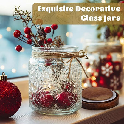 Suclain 6 Pcs 17 OZ Vintage Glass Jar with Acacia Wood Lids Airtight Glass Storage Canisters Kitchen Spice Jars Food Storage Containers for Pantry Coffee Grains Tea Sugar Flour(Morning Glory)
