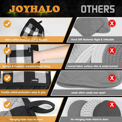 Joyhalo 4 Pack Pot Holders for Kitchen,Cotton Oven Holder with Great Heat Resistance,Non Slip Hot Pads for Kitchen Clearance,Black and White