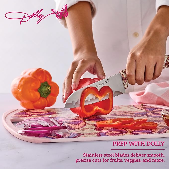 Dolly Parton 3-Piece Chef Knife Set, Butterfly Pattern Handles, Includes 6 Inch Chef, 5 Inch Santoku and 3.5 Inch Paring Knives