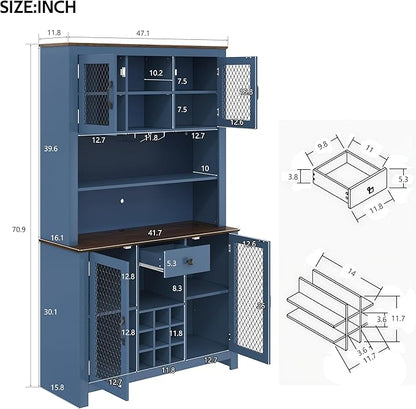 VilroCaz 70.9" Tall Farmhouse Kitchen Pantry Buffet Cabinet with Doors, Drawer and Shelves Wine Rack, Wooden Kitchen Hutch Cabinet with LED Outlets for Dining Room (Navy Blue-R)