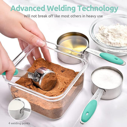 Measuring Cups and Spoons Set: U-Taste 18/8 Stainless Steel 12 Pieces Metal Stacking Kitchen Baking Cooking Food Measure Set 7 Cups 5 Spoons with Strengthened Weld Joints (Aqua Sky)