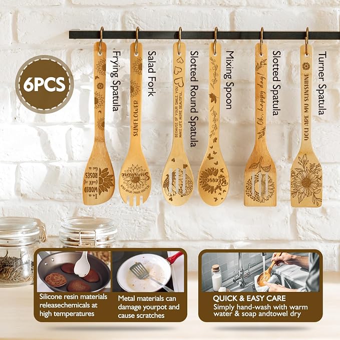 6Pcs Sunflower Engraved Bamboo Spoons Set Kitchen Gifts for Women, You Are My Sunshine Christian Inspired Encouragement Gifts for Mon Grandma, Housewarming & Special Occasion Present
