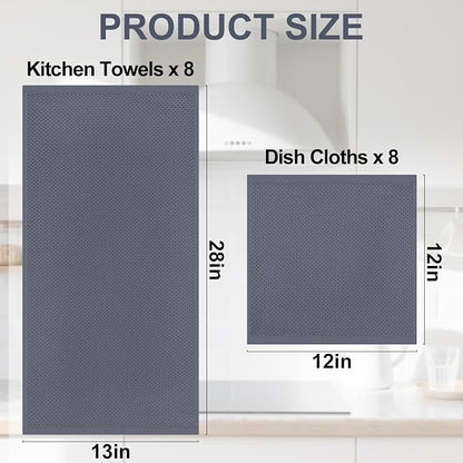 Homaxy 100% Cotton Kitchen Towels and Dishcloths Set, 12 x 12 Inches and 13 x 28 Inches, Set of 16 Bulk Kitchen Towels Set, Ultra Soft Absorbent Dish Cloths for Washing Dishes, Dark Grey
