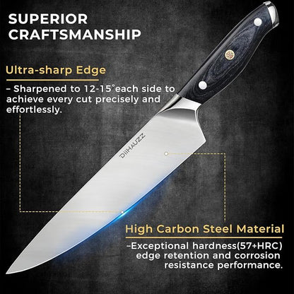 DiiHAUZZ Chef Knife, 8 Inch Ultra Sharp Kitchen Knife, Professional High Carbon Steel Chefs Knife with Full-Tang Ergonomic Handle for Kitchen, Gift Box for Fathers Day Gift