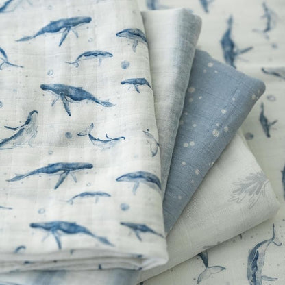 Muslin Swaddle Blankets for Newborn, 4 Pack Cotton Baby Blankets for Boys, Large 31.5 x 43.3 Breathable Soft Receiving Blanket, Essentials Swaddle Wrap Burping Clothes, Blue Whale