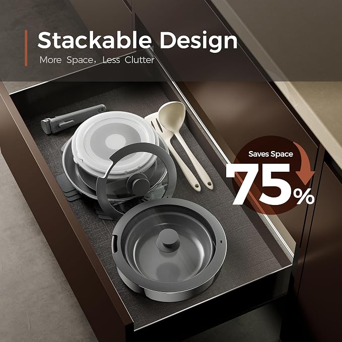 16PCS Pots and Pans Set Non Stick, Diamond-Titanium Ceramic Cookware Set & 3 Layer Stainless Steel with Detachable Handle, Induction Cookware, Non Toxic Oven/Dishwasher Safe, Gray